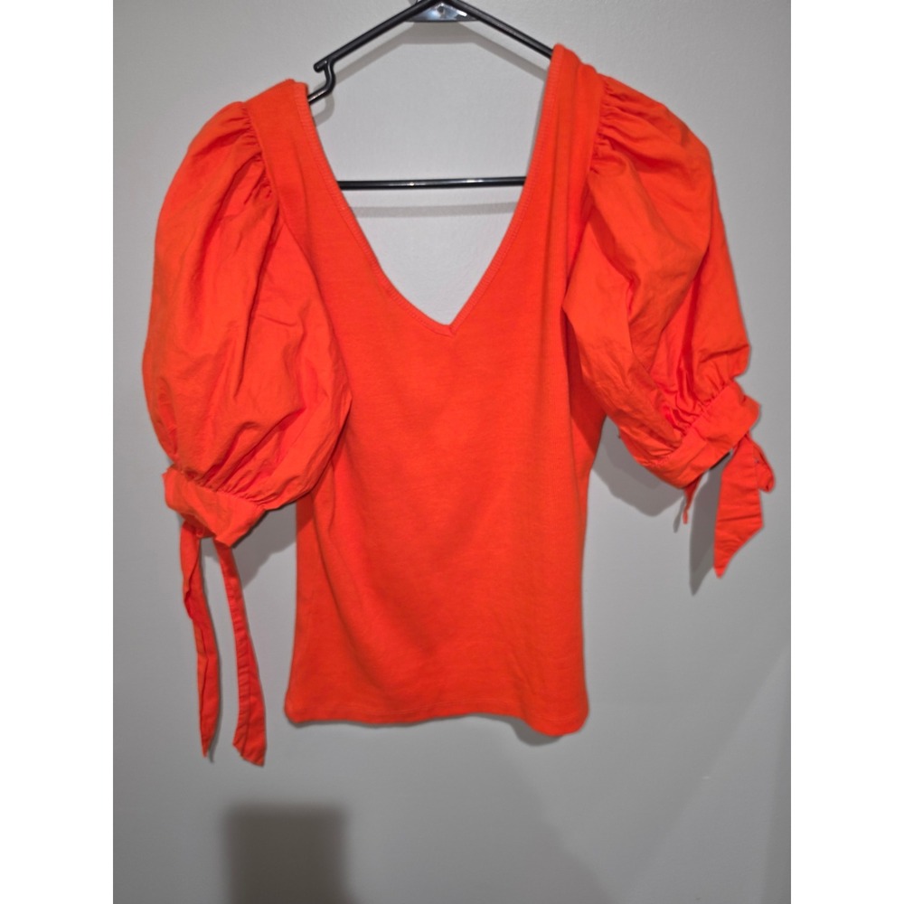 Maeve by Anthropologie Orange Puff Sleeve V-Neck Tie Cuff Knit Top Small